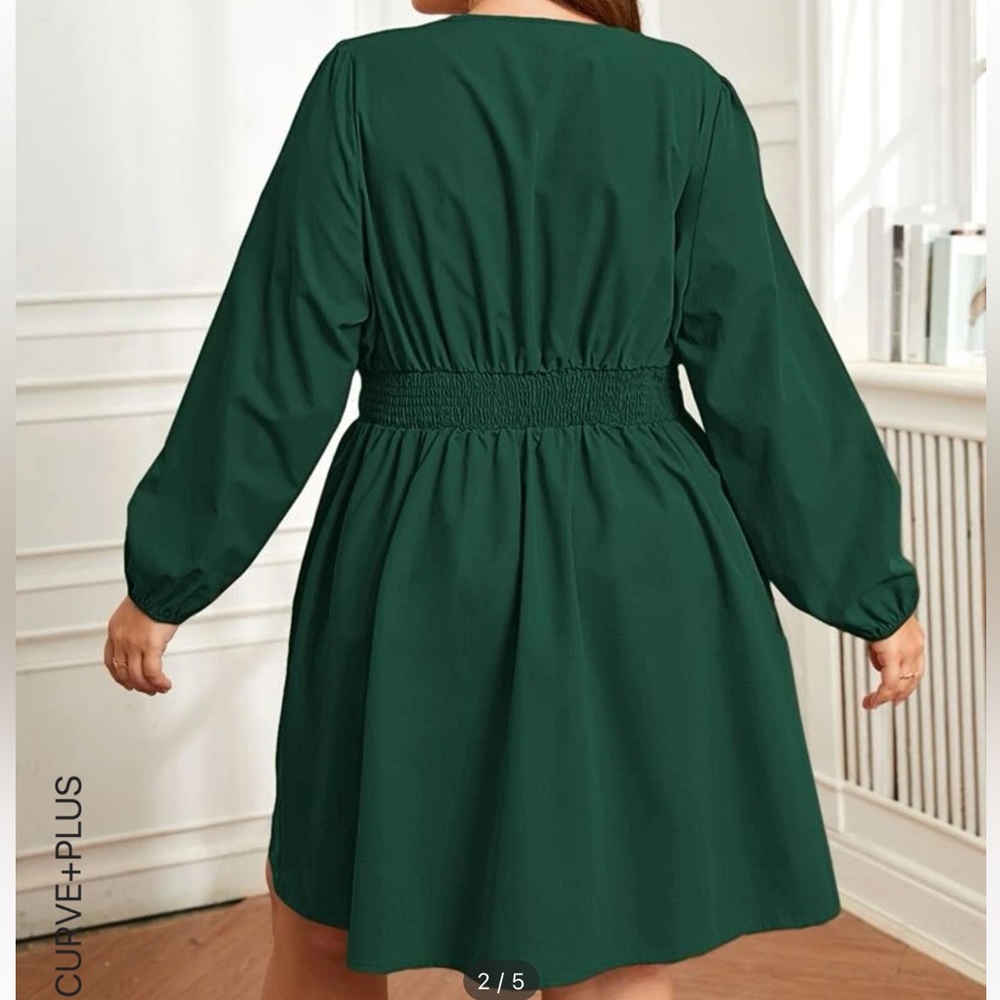 Green long sleeve, v-neck, knee length dress